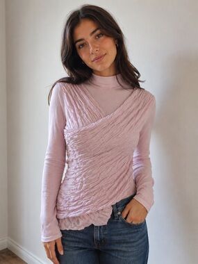 Malloni / Ruched Wrap Long-Sleeve Alpaca Top - Light Pink - Sz M - Italy